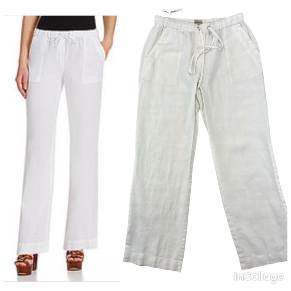 ✅ Cremieux Woman’s White 100% Lenin wide leg elastic waist pull on pants size XS